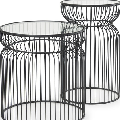 Set of Two Clear and Black Tempered Glass and Metal Wire Round Drum End Tables