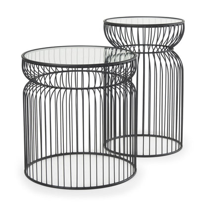 Set of Two Clear and Black Tempered Glass and Metal Wire Round Drum End Tables