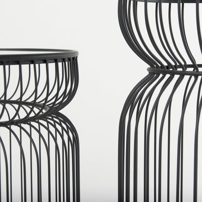 Set of Two Clear and Black Tempered Glass and Metal Wire Round Drum End Tables