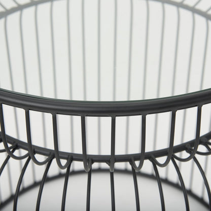 Set of Two Clear and Black Tempered Glass and Metal Wire Round Drum End Tables