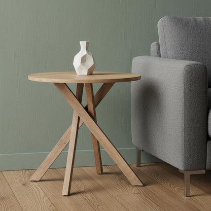 30" Natural Distressed Solid Wood Round Cross Legs End Table