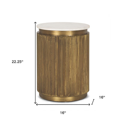 22" White and Gold Stone and Brass Round Block End Table