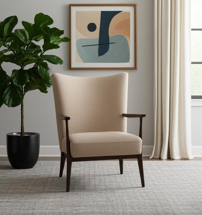 29" Beige and Dark Brown Boucle and Solid Wood Wingback Chair