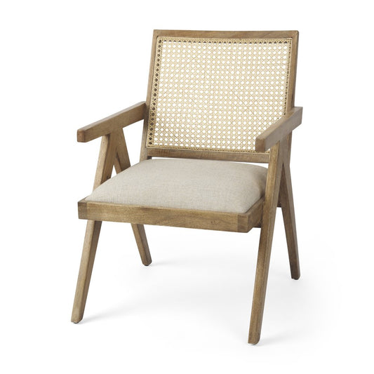 22" Beige and Natural Linen and Solid Wood Arm Chair