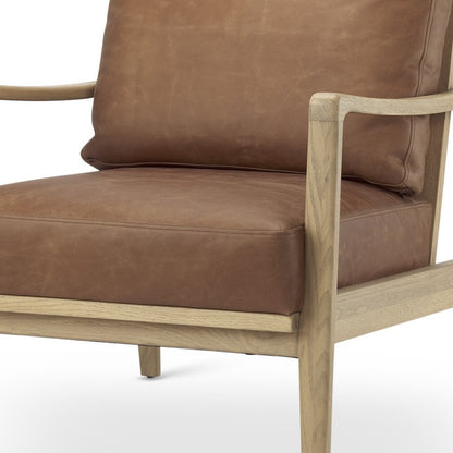 34" Brown and Natural Genuine Leather and Solid Wood Arm Chair