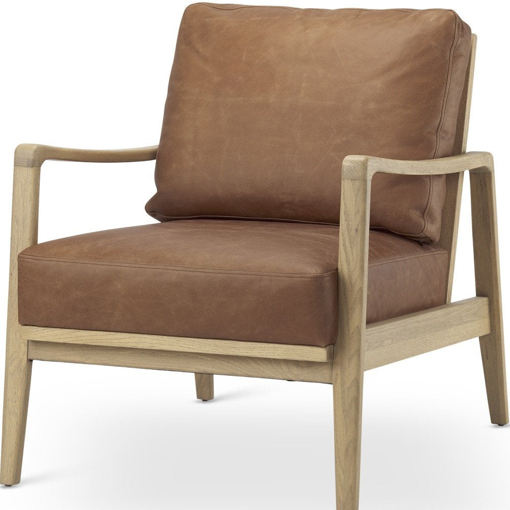 34" Brown and Natural Genuine Leather and Solid Wood Arm Chair