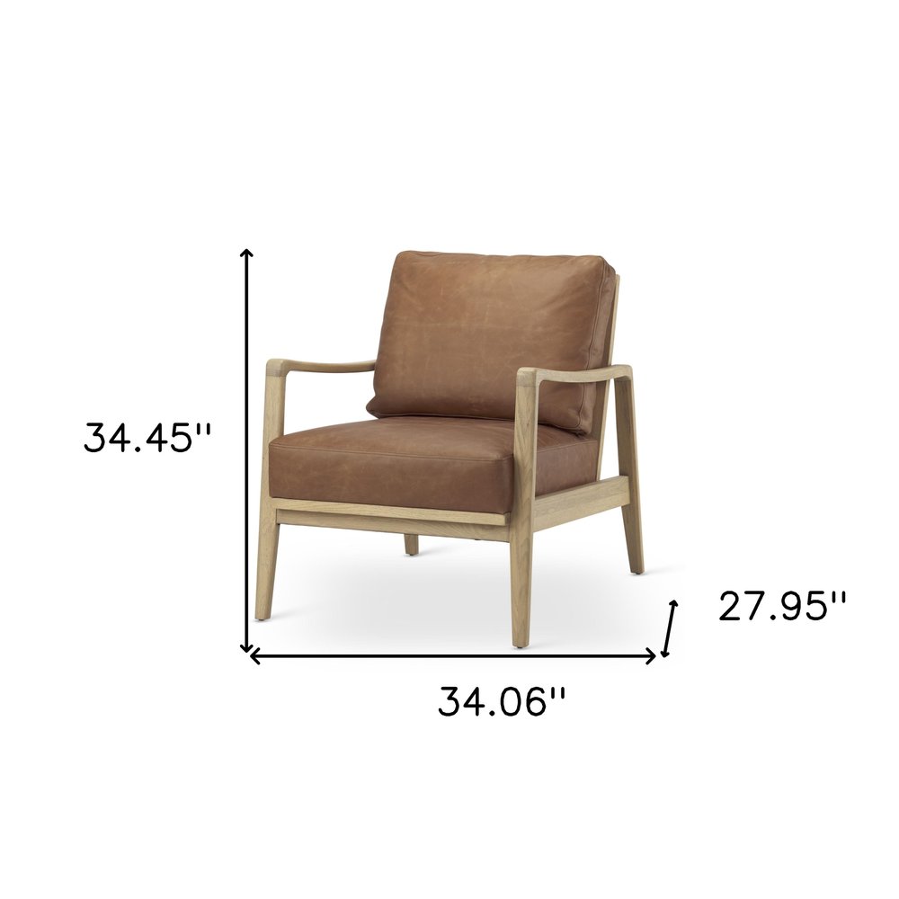 34" Brown and Natural Genuine Leather and Solid Wood Arm Chair