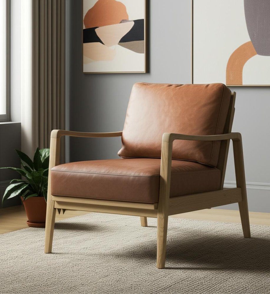 34" Brown and Natural Genuine Leather and Solid Wood Arm Chair
