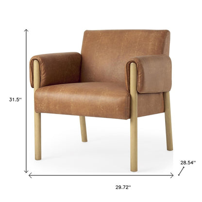 30" Brown and Natural Faux Leather and Solid Wood Arm Chair