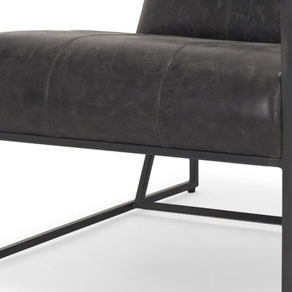 37" Black Genuine Leather and Metal Lounge Chair