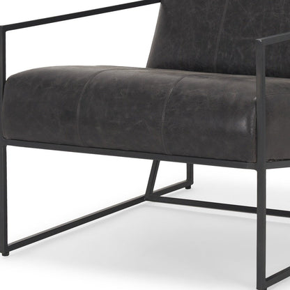 37" Black Genuine Leather and Metal Lounge Chair