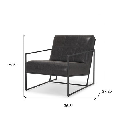 37" Black Genuine Leather and Metal Lounge Chair