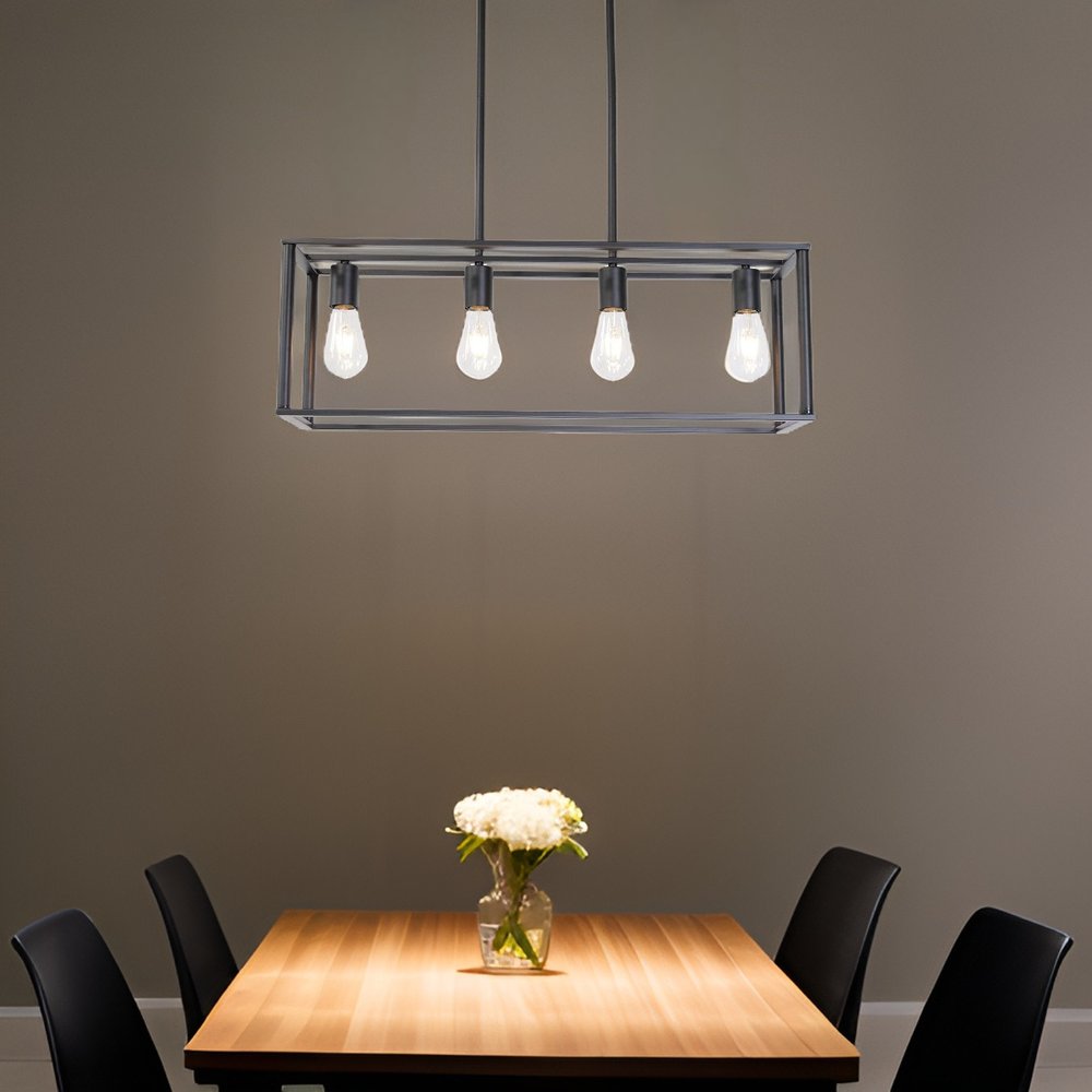 Black Metal Four Light Caged Rectangular Hanging Pendent Light