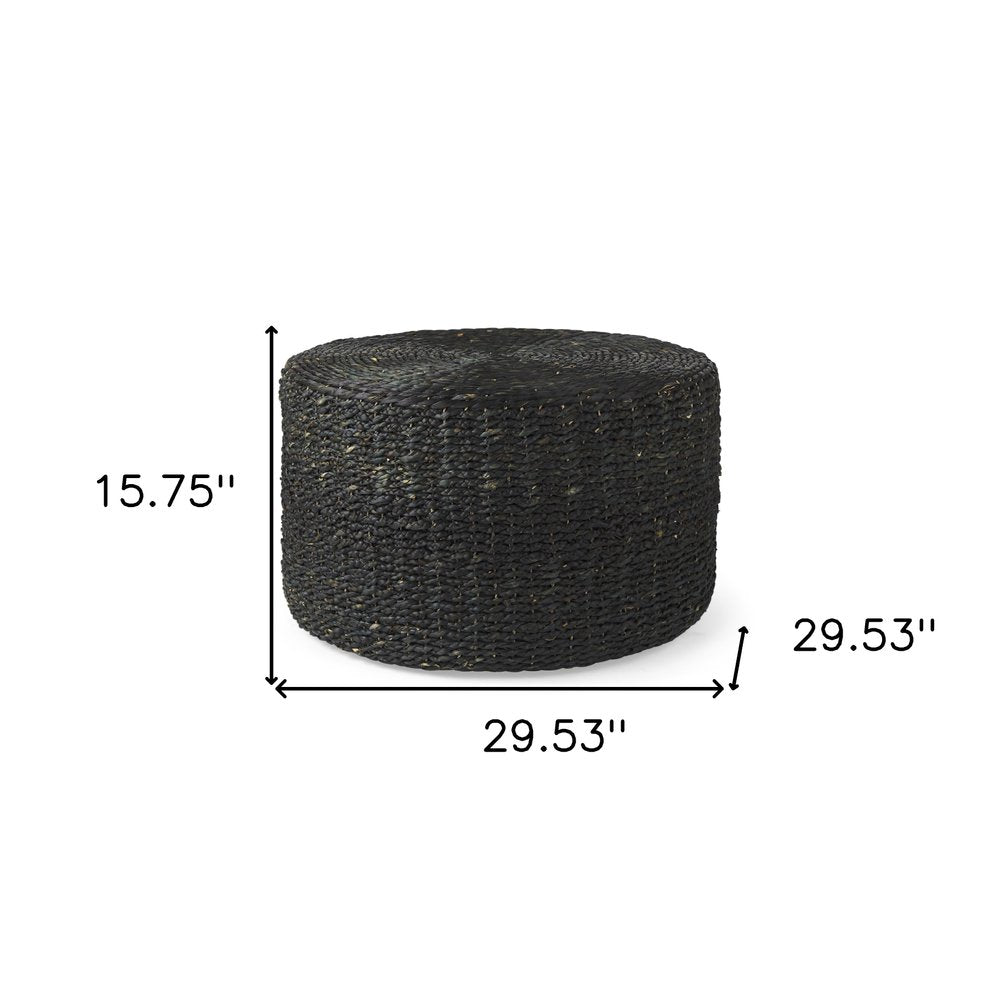 30" Black Water Hyacinth Round Pouf Ottoman