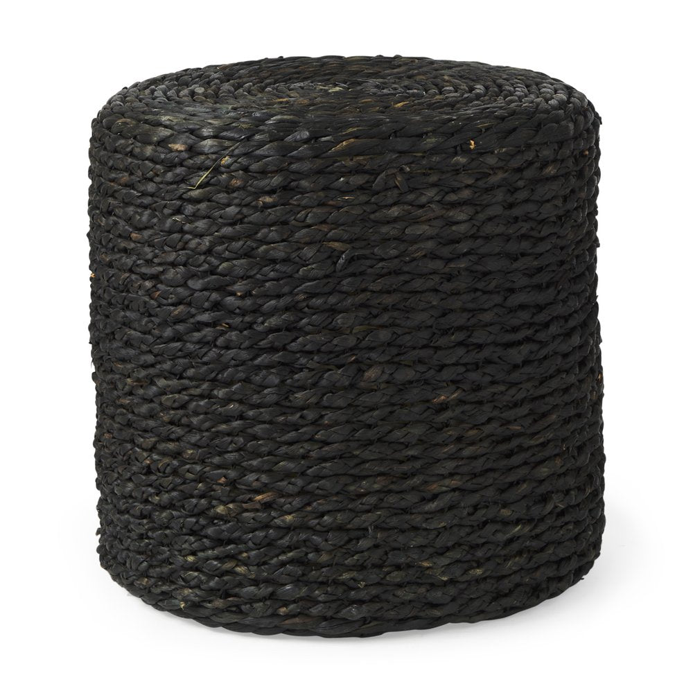 18" Black Water Hyacinth Round Pouf Ottoman