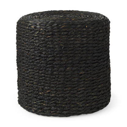 18" Black Water Hyacinth Round Pouf Ottoman