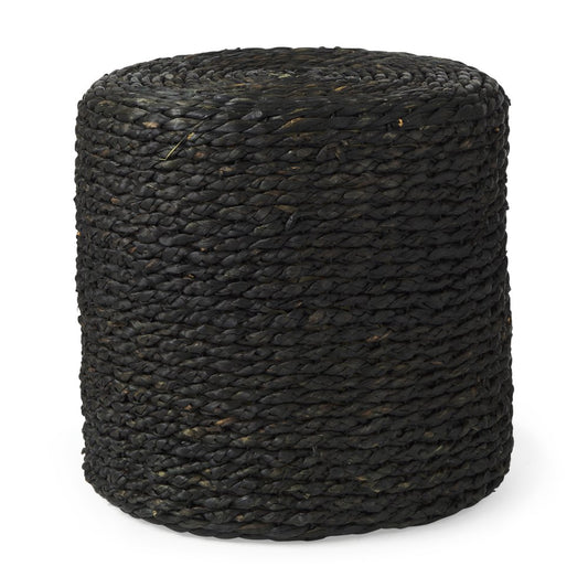 18" Black Water Hyacinth Round Pouf Ottoman