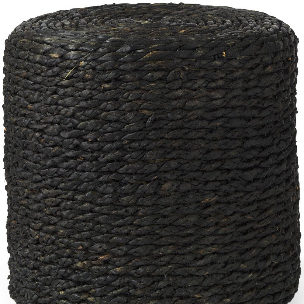 18" Black Water Hyacinth Round Pouf Ottoman