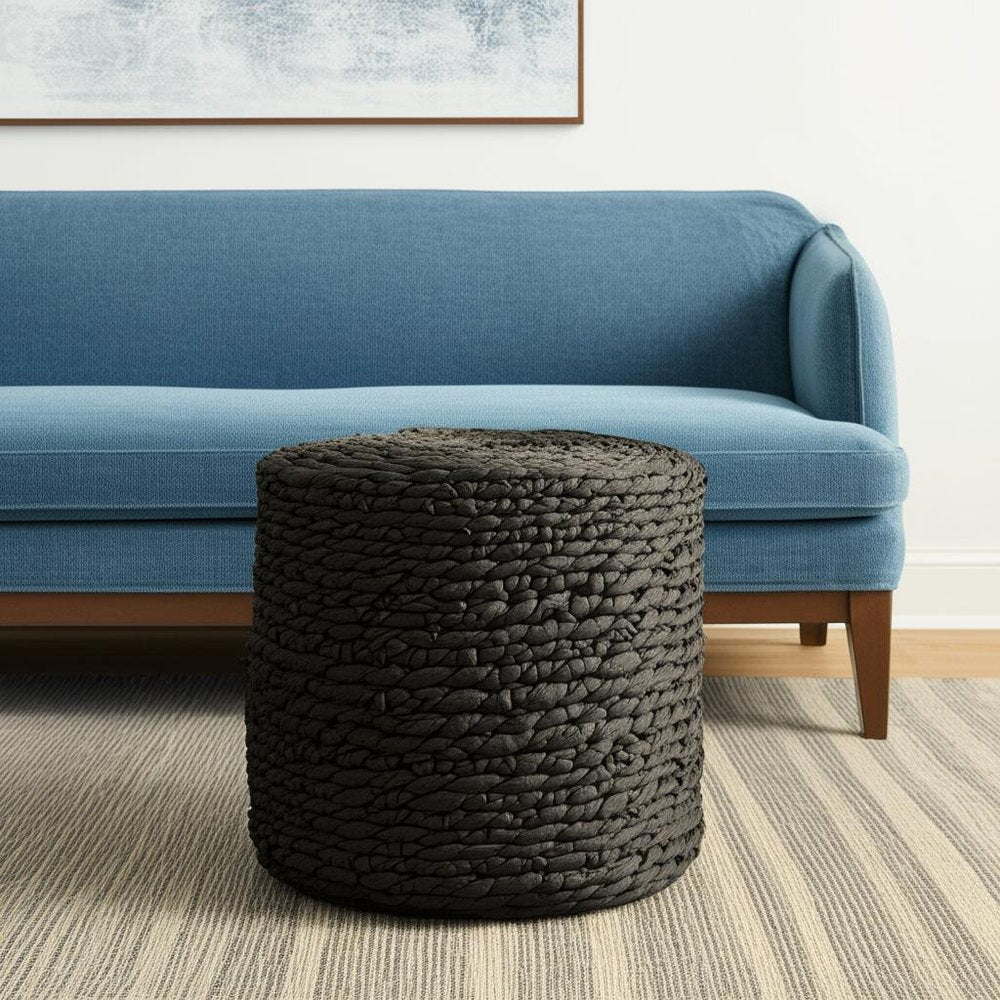 18" Black Water Hyacinth Round Pouf Ottoman