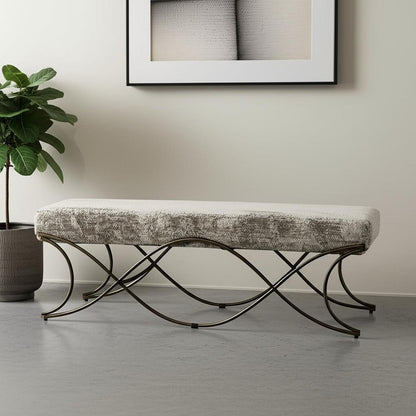 55" Gray and Gold Chenille and Metal Upholstered Bench