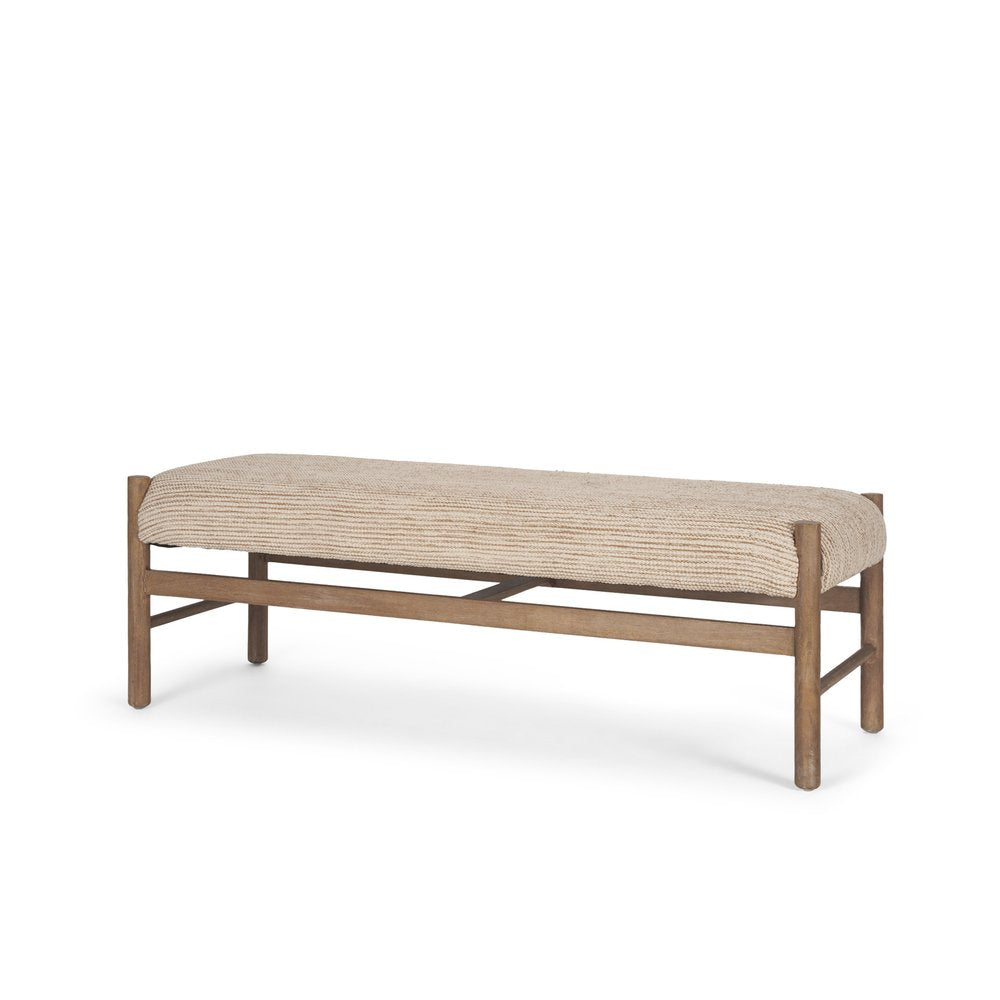 57" Beige and Brown Cotton and Solid Wood Upholstered Bench