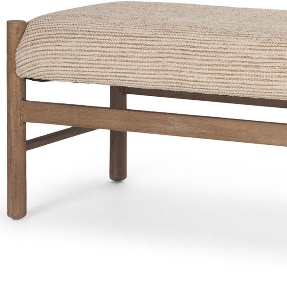 57" Beige and Brown Cotton and Solid Wood Upholstered Bench