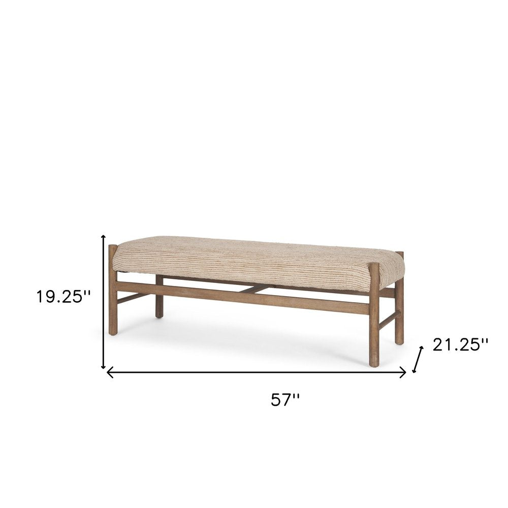 57" Beige and Brown Cotton and Solid Wood Upholstered Bench