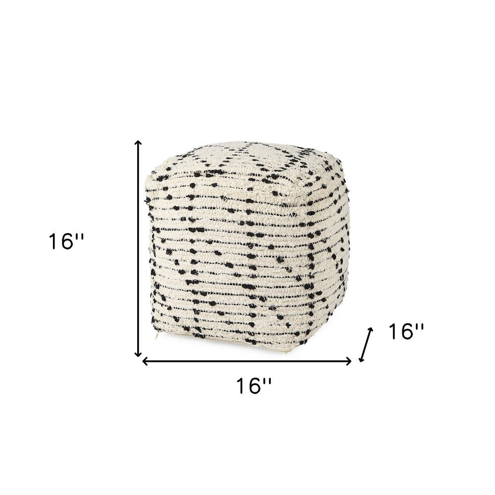 16" Cream And Black Cotton Geometric Cube Pouf Ottoman