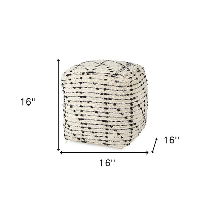 16" Cream And Black Cotton Geometric Cube Pouf Ottoman