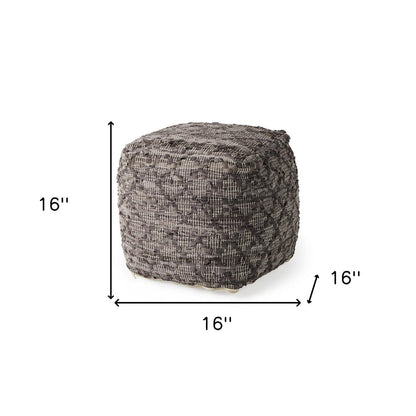 16" Brown and Gray Cotton And Leather Geometric Cube Pouf Ottoman