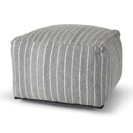 22" Blue and White Textural Stripe Cube Pouf Ottoman