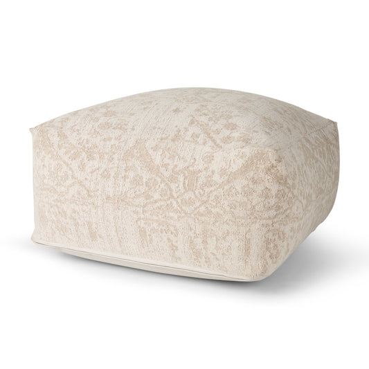 36" Beige and Cream Chenille Damask Pouf Ottoman