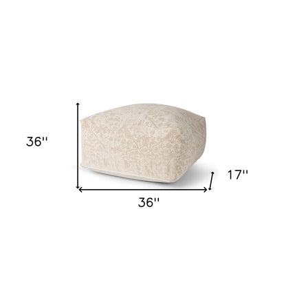 36" Beige and Cream Chenille Damask Pouf Ottoman