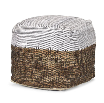 16" White Black And Natural Cotton And Jute Color Block Cube Pouf Ottoman
