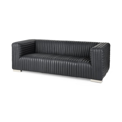 83" Black Leather Sofa With Silver Legs