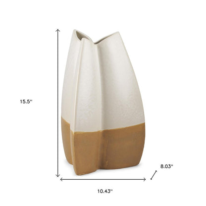 16" Off White And Tan Color Block Ceramic Table Vase