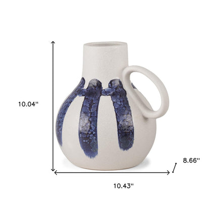 10" White And Blue Abstract Ceramic Amphora Jug Vase