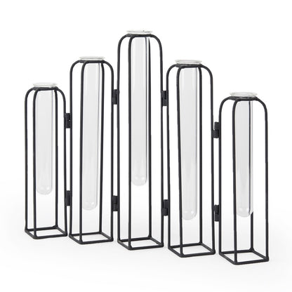 11" Clear And Black Glass And Metal Five Tube Table Vase
