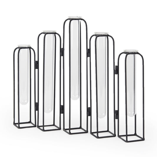 11" Clear And Black Glass And Metal Five Tube Table Vase