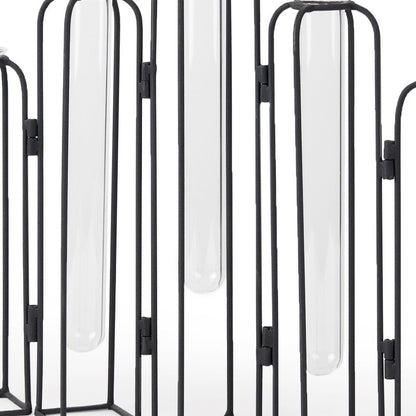11" Clear And Black Glass And Metal Five Tube Table Vase