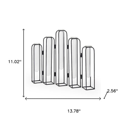 11" Clear And Black Glass And Metal Five Tube Table Vase