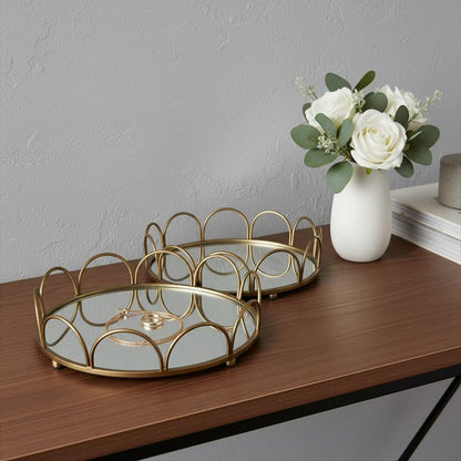 Set of Two Antiqued Gold Metal And Mirrored Glass Round Vanity Trays