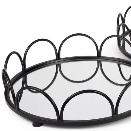 Set of Two Black And Silver Metal And Mirrored Glass Round Vanity Trays