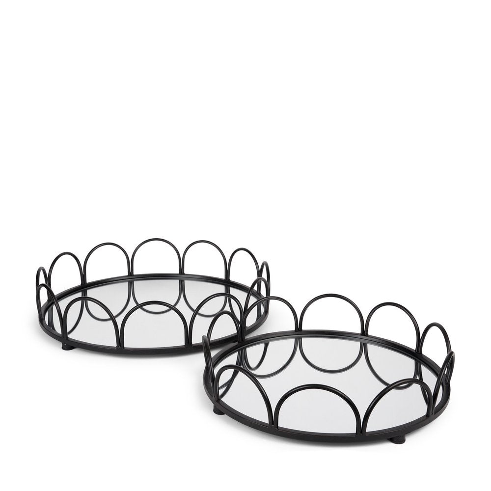 Set of Two Black And Silver Metal And Mirrored Glass Round Vanity Trays