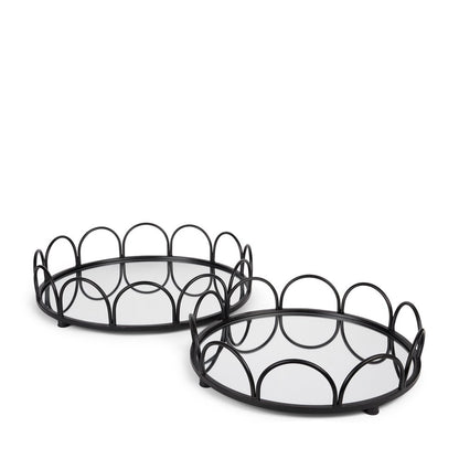 Set of Two Black And Silver Metal And Mirrored Glass Round Vanity Trays