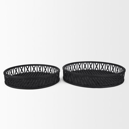 Set of Two Black Round Wicker Handmade Serving Trays