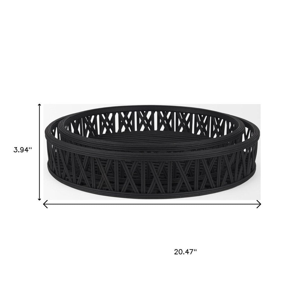Set of Two Black Round Wicker Handmade Serving Trays