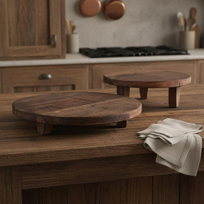 Set of Two Brown Reclaimed Wood Handmade Round Riser Trays