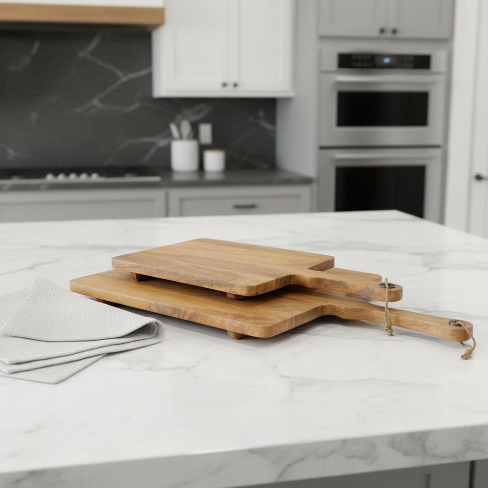 Set of Two Natural Solid Wood Handmade Serve Boards With Handles