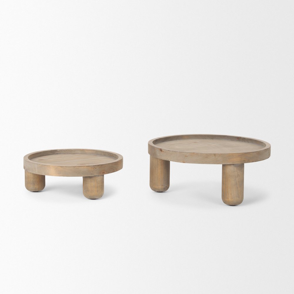 Set of Two Gray And Natural Solid Wood Handmade Round Risers